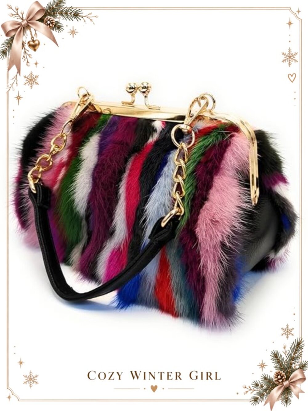 Mink Fur Evening Clutch Handbag with Detachable Straps